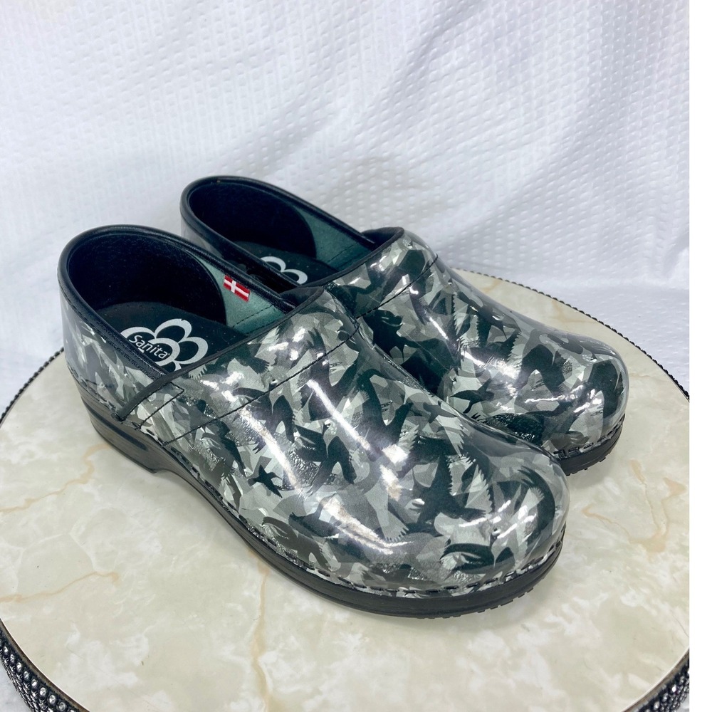 Sanita Slip-Resistant Clogs Shoes Womens 7 Grey Black Bird Print Slip On Loafers